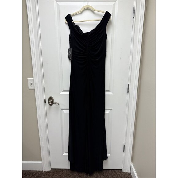 New La Femme Size 14 Black Jersey Off Shoulder Maxi Gown Cocktail Dress 29474 - Picture 8 of 11